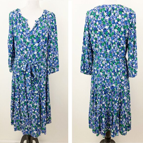 NWT Talbots Floral Tie Waist Dress Size 16 Fit & Flare Notch Neck 3/4 Sleeve - Picture 2 of 8